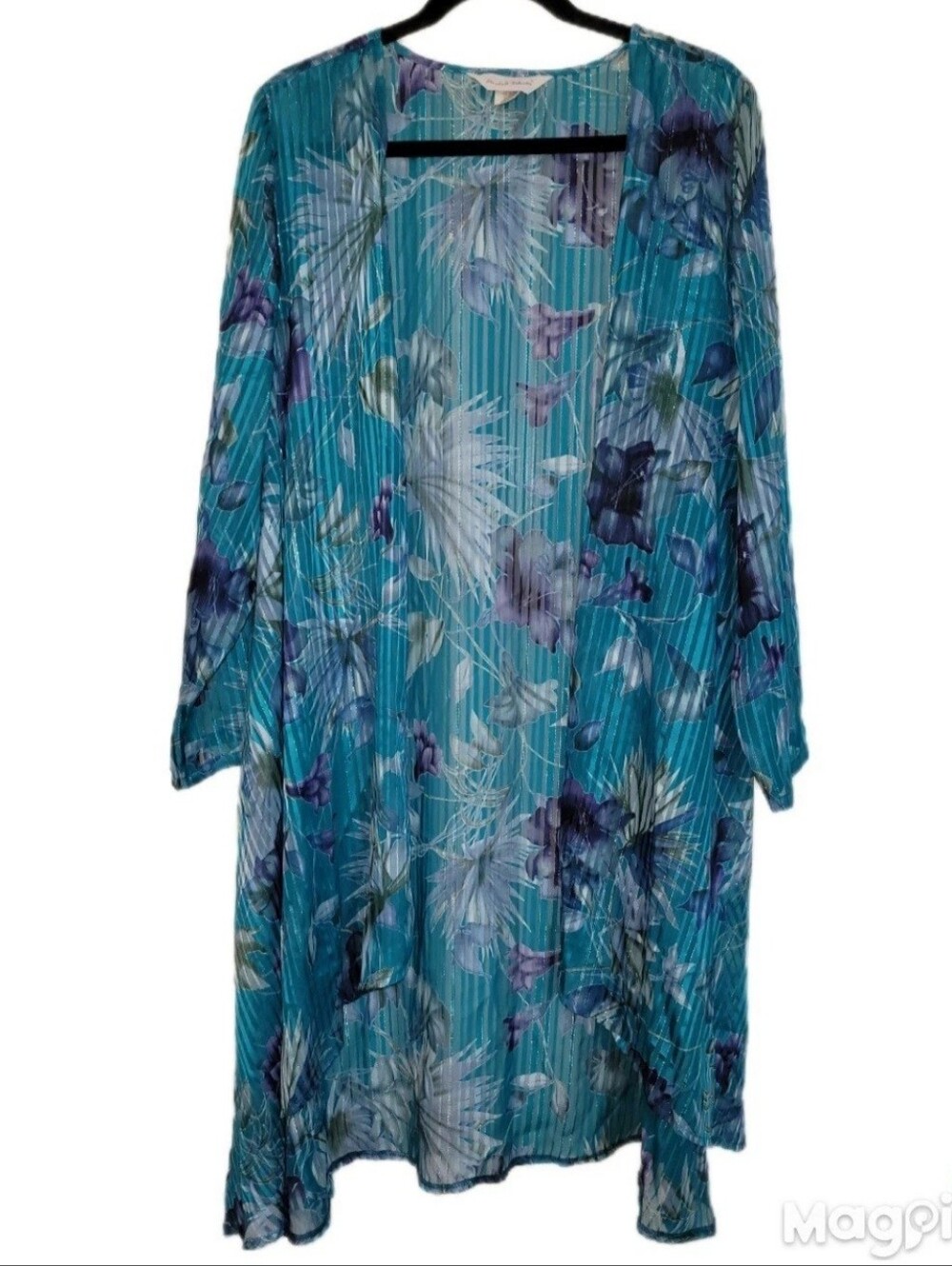 Elizabeth Williams Blue Floral Kimono XL Duster  Flowing Semi Translucent Silky